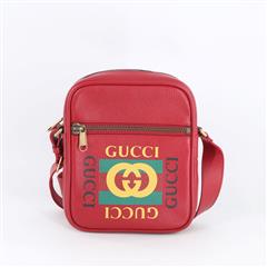 GUCCI 523591 Logo Print Red Leather Zip Messenger Crossbody Bag